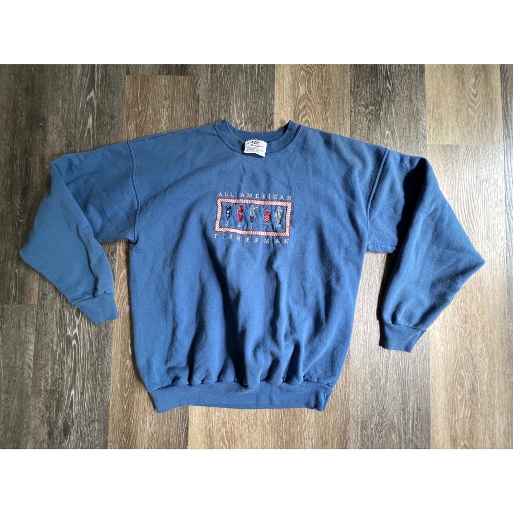 MC Sport Sweatshirt Mens Large Blue All American Fisherman Embroidered Vintage